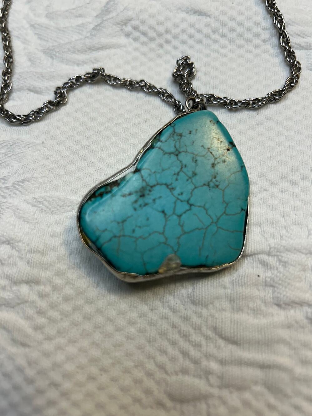 Faux Turquoise and Silver Tone Pendant with Chain Vintage